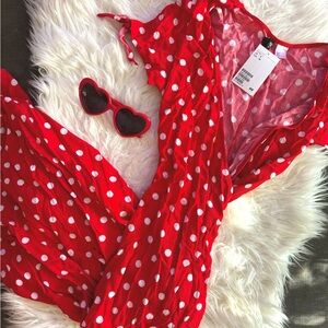 Red Polka Dot Wrap Midi Dress
